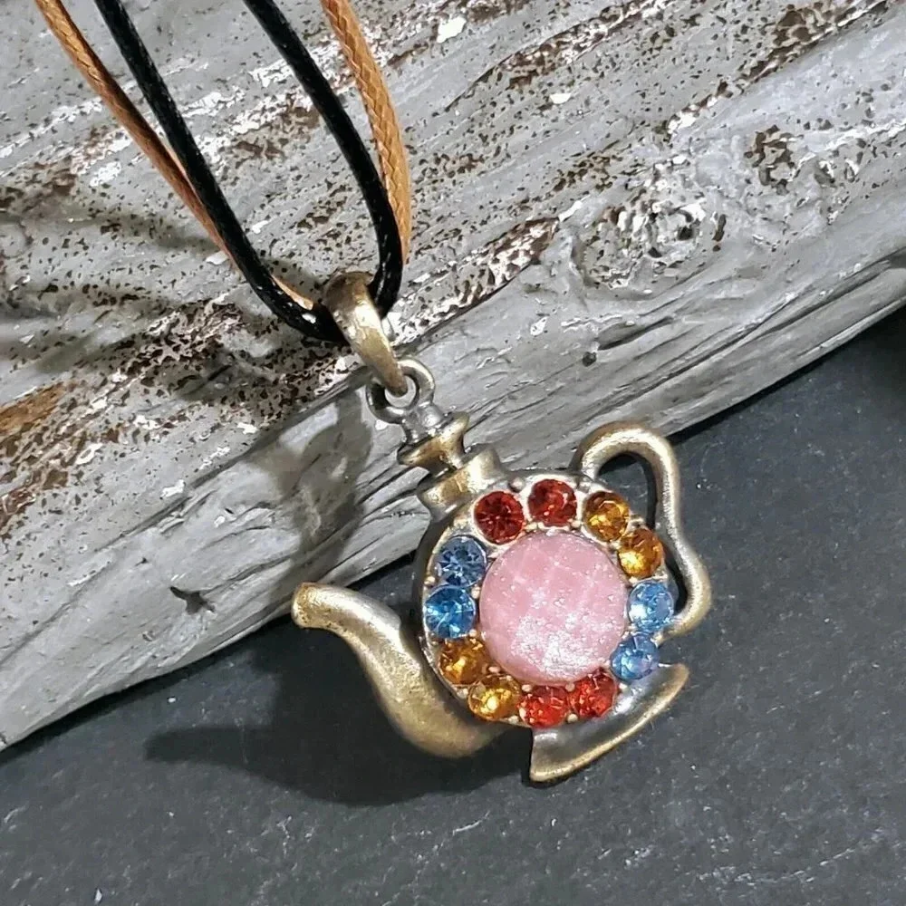 Rustic Antique Bronze Rhinestones Teapot Pendant Necklace Vegan Leather Cord - Picture 9 of 11